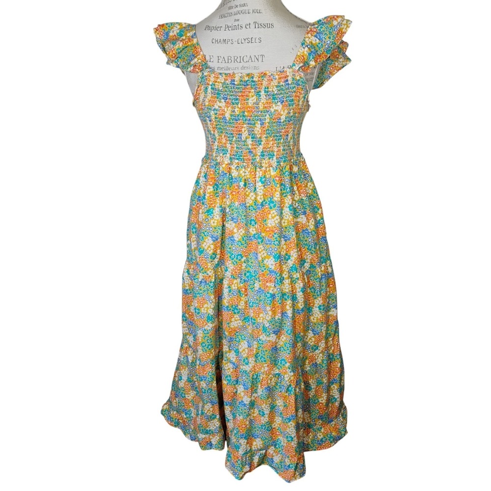 THML Garden Floral Smocked Midi Dress Women Large Tiered Ruffle Cottage Feminine